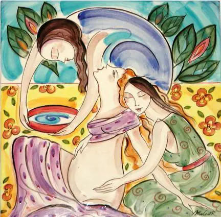 Illustration : des femmes soutiennent une femme pendant son accouchement